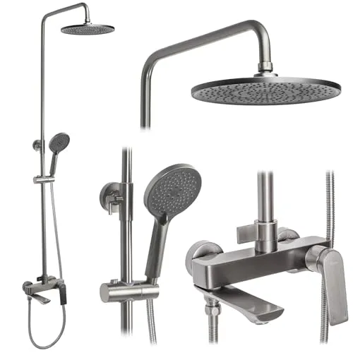 Rea Duschsystem AVALON: Duscharmatur mit Kopfbrause aus Messing - Badewannen- & Duschsysteme, hochwertige Messing-Duschgarnitur mit Anti-Kalk Düsensystem und drei Funktionen für ein optimales Duscherlebnis.