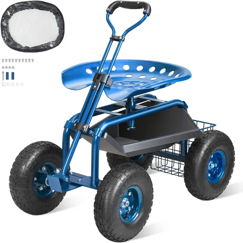 Rollsitz Werkstattwagen - max. 136kg, Blau - Bollerwagen mit drehbarem Sitz, ideal für Gartenarbeiten und Werkstatt. Hohe Tragkraft von 136 kg und verstellbarer Griff für optimalen Komfort.