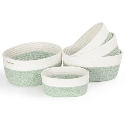 Vikcvcsc 5er Set Aufbewahrungskorb Wickeltisch Organizer Körbchen, Korb Geflochten aus Baumwolle, Körbe Aufbewahrung mit Griff, Storage Basket, Badezimmer Organizer, Babyzimmer Deko, Weiß & Grün