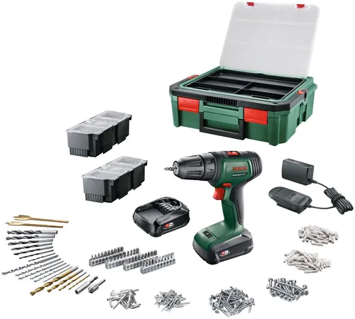 Bosch Universal Drill Akkuschrauber 18V - Akkuschrauber mit 40Nm Drehmoment und 2x1.5 Ah Akkus, ideal für vielseitige Anwendungen dank geringem Gewicht und kompaktem Design.