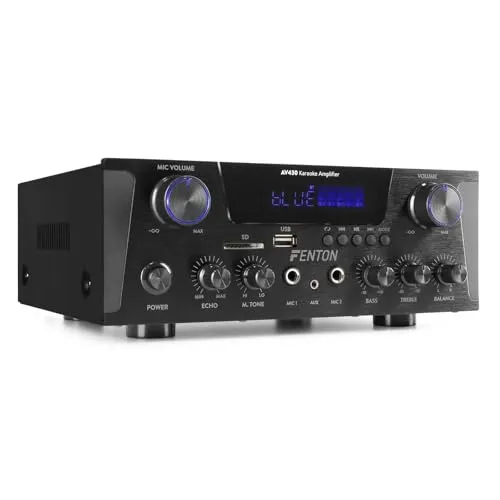 Fenton AV430B Karaoke Verstärker - Kompakter Hifi-Verstärker mit 600 Watt, ideal für Karaoke-Sessions dank 2 Mikrofoneingängen und toller Echofunktion – inklusive Bluetooth, MP3-Player und Fernbedienung.