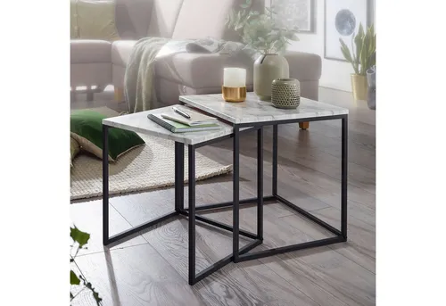 FINEBUY Satztisch FB53005 - 2er Set Marmor Optik Weiß - Ablagetische im modernen Design, 2-teiliges Set aus MDF mit eleganter Marmor Optik, ideal für stilvolle Wohnzimmer.