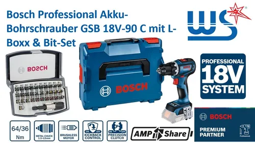 Bosch Professional GSB 18V-90 C (ohne Akku) - Akkuschrauber für vielseitige Bohrarbeiten, ideal für Holz und Metall. Kompakt und leistungsstark, perfekt für enge Stellen und lange Nutzung.