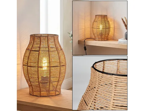 Hofstein Tischleuchte im Boho-Design - Elegante Tischlampe aus Metall und Bast in Schwarz/Naturfarben, ideal für stilvolle Akzente im Innenbereich. Schalter am Kabel und beeindruckende Lichteffekte an der Wand.