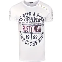 Rundhals T-Shirt mit Knopfleiste und Front-Prints von Rusty Neal - Herren T-Shirt im Regular Fit aus 100% Baumwolle, ideal für jeden Anlass. Hochwertige Verarbeitung garantiert Komfort und Langlebigkeit. Zeitloses Design für stilvolle Auftritte!