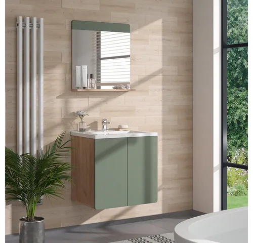 Vicco Badspiegel Izan, Grün/Goldkraft Eiche, 60 x 62 cm mit Ablage