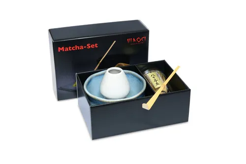 MAOCI Premium Matchaset Teeschale blau glänzend grau matt - Hochwertiges 4-teiliges Matchaset mit einzigartiger Matchaschale aus Keramik. Ideal für die Zubereitung von Matcha, inklusive Besen und Löffel. Perfekt als Geschenk, stilvoll und funktional.