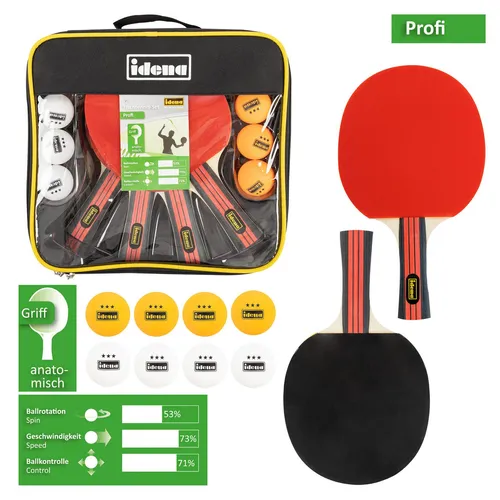 Idena 40222 Tischtennis Set Profi - 12-teilig mit Schlägern und Bällen - Tischtennisschläger Set für fortgeschrittene Spieler, inkl. 4 Schläger und 8 Bälle in 3-Stern Qualität. Ideal für optimale Ballkontrolle und verschiedene Spieltechniken, verpackt in praktischer Tragetasche.