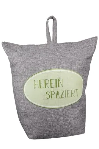 CULT at home Türstopper Sack schwer 1 kg – Türstopp aus Stoff grau mit Schriftzug Hereinspaziert – Doorstopper Floor Balkontür Stopper Tuerstopper Höhe 20 cm