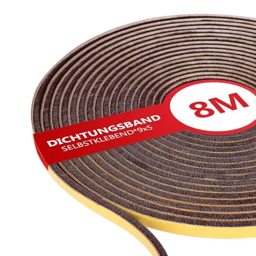 XEEINC 8M Bürstendichtung Selbstklebend, 9mm(B) x 5mm(D) Bürstendichtung für Rolladen Schiebetür, mit Idealer Klebkraft, Türbürstendichtung Dichtungsband Insektenschutz für Fenster Tür - Braun