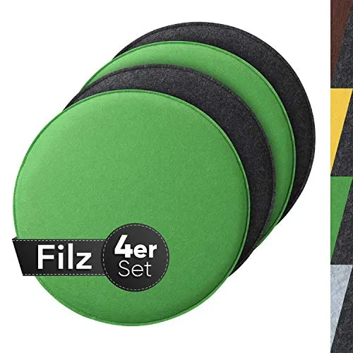 Sidorenko Rundes Sitzkissen aus Filz Ø 36cm - 4er Set in Grau & Grün - EXTRA DICK & FORMSTABIL – Die 2 cm dicken Filzkissen bieten hohen Komfort und bleiben in Form. Ideal für innen und außen, waschbar bei 30°. Perfekt für Stühle und Bänke!