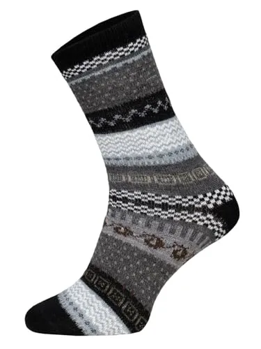 HomeOfSocks 2 Paar Warme Hygge Socken Für Herren Und Damen Aus Echter Wolle - Wollsocken Mit Fröhlich Bunten Mustern Und Druckarmer Zehennaht | Schwarz Gr. 43-46