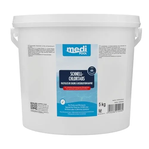 mediPOOL Schnell-Chlor Tabs 20 g - 5,0 kg - Poolpflege mit schnell löslichen Chlor-Tabletten für Stoß- und Dauerdesinfektion, unabhängig von Wasserhärte. Ideal für sauberes und sicheres Poolwasser.