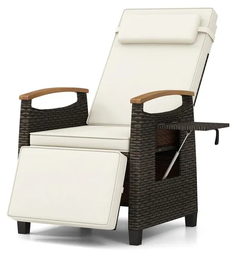 COSTWAY Gartensessel mit Liegefunktion – Verstellbarer Polyrattan Gartenstuhl, Beige-Braun - Wetterbeständiger Rattan-Liegestuhl mit verstellbarer Rückenlehne für individuellen Komfort. Inklusive abnehmbarem Kissen und klappbaren Seitentabletts – ideal für entspannte Stunden im Garten oder auf dem Balkon.