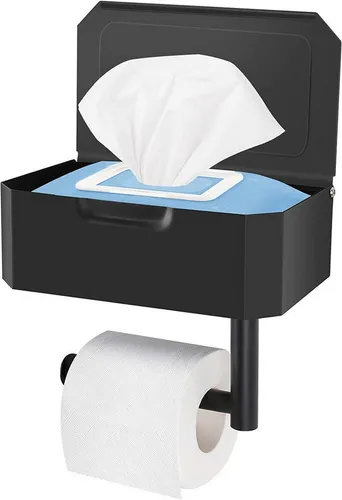 Refined Living Toilettenpapierhalter Klopapierhalter mit Feuchttücherbox, Toilettenpapierhalter ohne Bohren (roll paper rack Aus hochwertigem SUS 304 Edelstahl gefertigt, WC Papier Halterung mit 21 cm Ablage,Storage rack,tissue rack), Wandmontierter WC Rollenhalter aus Edelstahl für Küche und Bad