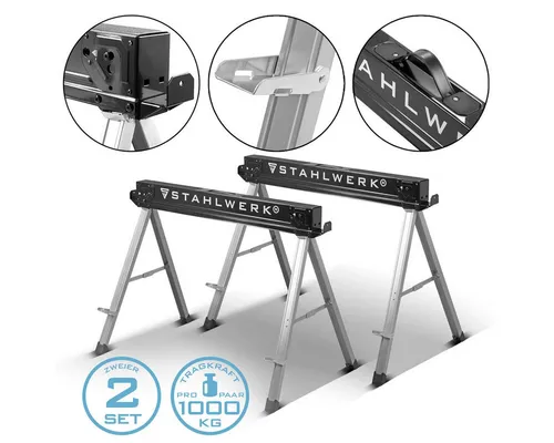 STAHLWERK Sägebock SB-757 ST - 2er Set klappbarer Metall-Arbeitsbock, max. Tragkraft 500 kg und 7 Jahre Garantie für höchste Stabilität und Flexibilität