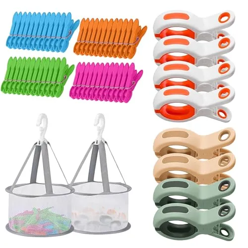 Stück Wäscheklammern, 2 Stück Wäscheklammerbeutel, Wäscheklammern Groß Ohne Abdruck, Klammerbeutel, Handtuchklammern, für Sonnenliegen Pool Stuhl Liege Bettwäsche Kleidung 56