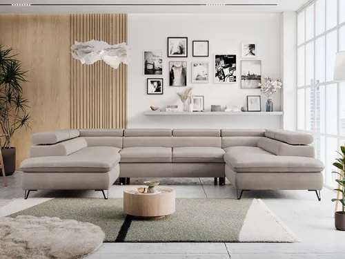 MKS MEBLE Sofa U-Form – Schlafsofa mit Bettkasten und verstellbaren Kopfstützen, Beige Velvet - Elegante Wohnlandschaft in U-Form mit praktischer Schlaffunktion und zwei großen Bettkästen. Ideal für individuelles Sitzen und Schlafen. Verstellbare Kopfstützen bieten zusätzlichen Komfort, perfekt für Ihr modernes Wohnzimmer.