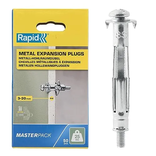 Rapid Hohlraumdübel Metall mit M4 Schraube für Gipskartonplatten 3-20 mm - Tragkraft 25 kg - 50 Dübeln für einlagige Wände