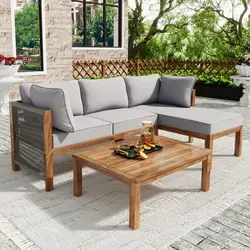 Merax Gartenlounge-Set für 4 Personen - 3-tlg. Gartenmöbel Set mit 2 Eckbänken und Tisch aus langlebigem Akazienholz und pflegeleichtem Rope-Seil, ideal für gesellige Stunden im Freien.