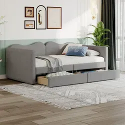 Kinderbett Polsterbett, Sofabett mit 2 Schubladen, Bettrahmen, Multifunktionsweichbett mit Rückenlehne und Armlehnen, Jugendbett Gästebett