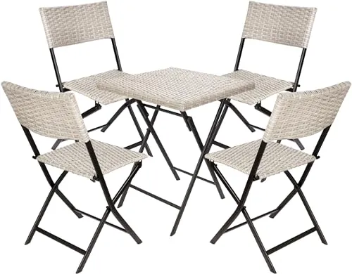 BRUBAKER Balkonset Lugano - Wetterfestes klappbares Bistroset mit Tisch und 4 Stühlen - Bistrosets für die Terrasse, wetterfest und platzsparend, ideal für kleine Balkone mit eleganter Rattan-Optik.