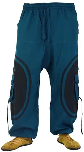 GURU SHOP Herren Yoga Hose Goahose - Bequeme Freizeithose in Petrol/Schwarz - Bequeme Goa-Hose mit tiefem Schritt, elastischem Bund und praktischen Taschen. Ideal für entspannte Freizeitaktivitäten und den Dancefloor, gefertigt aus hochwertigem Baumwollstoff.