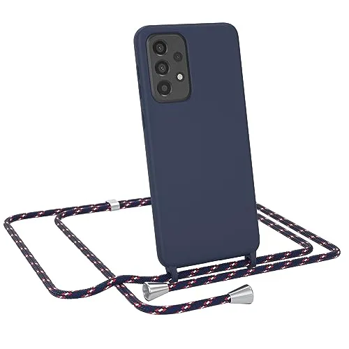 EAZY CASE - Hülle mit Kette - kompatibel mit Samsung Galaxy A33 5G Schutzhülle Kordel zum Umhängen,Umhängen Necklace, TPU Silikon Case, Blau mit Band Navy Camouflage Verschluss Silber