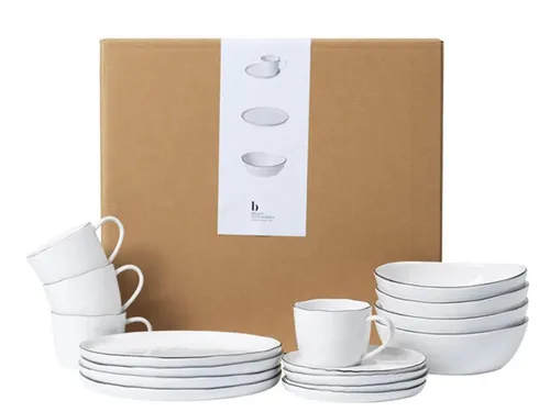 Broste Copenhagen Salt Frühstücksset 16tlg - 16-teiliges Frühstücksset für 4 Personen aus hochwertigem, glasiertem Porzellan mit elegantem schwarzen Rand – perfekt für stilvolle Mahlzeiten und einfache Reinigung.
