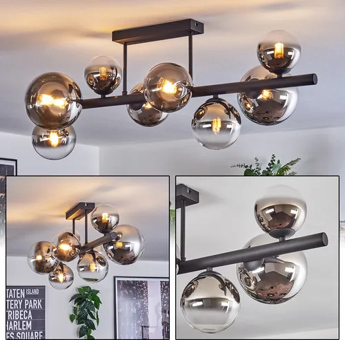 Hofstein Deckenleuchte im Vintage-Design - Moderne Deckenlampe aus Metall und Glas in Schwarz/Chrom/Rauchfarben, ideal für Esszimmer, Flur oder Wohnzimmer. 8-flammig mit austauschbaren G9-Leuchtmitteln für individuelle Lichtgestaltung.