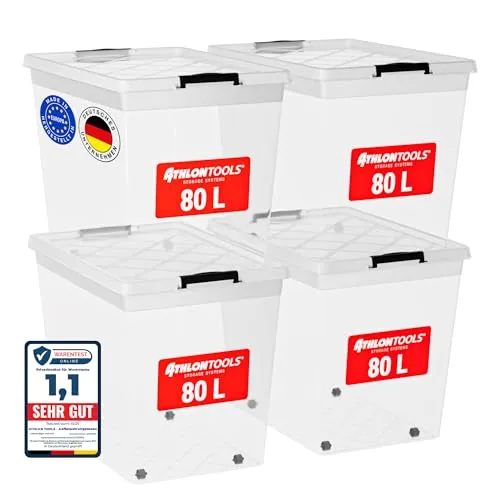ATHLON TOOLS 4x 80 L Aufbewahrungsboxen mit Deckel, lebensmittelecht - Verschlussclips - 100% Neumaterial Plastik-Box transparent - Kleiderboxen stapelbar…