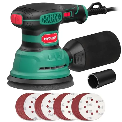 HYCHIKA Exzenterschleifer, 300W 12000OPM Exenterschleifmaschine, 6 Geschwindigkeiten, Compact Exzenterschleifer 125mm, mit 16 Stück Schleifpapier, zum Schleifen, Polieren von Holz und DIY