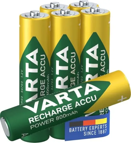 VARTA Recharge Accu Power AAA Batterien, 6 Stück, wiederaufladbar, 800 mAh - Wiederaufladbare Ni-Mh AAA Batterien mit Ready To Use Technologie: sofort einsatzbereit und robust gegen Überladung. Ideal für Digitalgeräte, Taschenlampen und mehr. Lieferumfang: 6 Stück.