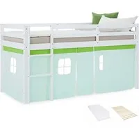 Homestyle4u Kinder Hochbett 90x200 mit Matratze und Lattenrost - Massivholz Hochbett mit grünem Vorhang, inklusive Matratze und Lattenrost für sicheren Schlafplatz und kreativen Raum. Wechselseitig montierbare Leiter und stabile Absturzsicherung sorgen für Sicherheit.