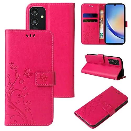LBH Handy Hülle für Samsung Galaxy A34 5G Case Handytasche Schmetterling Blumen Flower Standfunktion Schutzhülle Magnet Rundum Schutz 360 Grad Flipcase Cover Pink