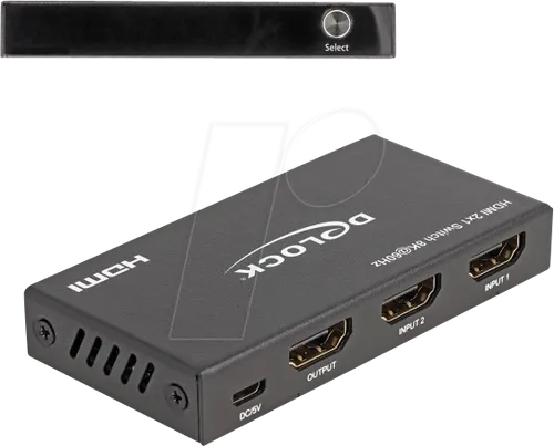 DELOCK 18607 - HDMI-Switch 2x1, 8K/60 Hz - A/V-Umschalter für 2 HDMI Geräte, unterstützt 8K/60 Hz Auflösung und bietet einfache Umschaltung per Fernbedienung oder Taste.