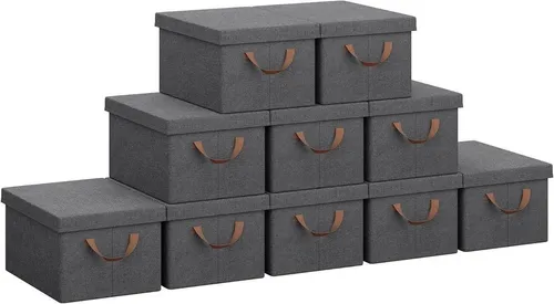 Woltu Aufbewahrungsbox Set (10 St.) mit Deckel und Griffen - Praktisches Set aus 10 faltbaren Aufbewahrungsboxen in elegantem Grau. Ideal für die Aufbewahrung von Kleidung, Spielzeug und mehr – platzsparend und schützend.