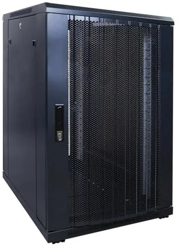 18HE 19 Zoll Serverschrank - Schwarz, 800 kg Traglast - Robuster 19 Zoll Netzwerkschrank mit perforierter Fronttür und abschließbaren Seitenwänden. Ideal für sicheren Zugriff und optimale Belüftung Ihrer Netzwerkgeräte.