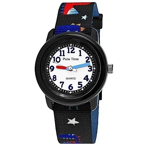 Pure Time® Kinder Uhr Jungenuhr Mädchenuhr Dinosaurier T-Rex Tier Armbanduhr Textil Armband Analoge Junge Mädchen Kinderuhr Textilarmband Schwarz Rot Blau Lern-Uhr