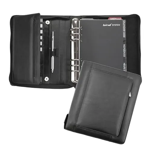 bind Manager-Planer A5 - Hochwertiger Systemplaner mit Nappaleder - Personal Organizer aus hochwertigem Nappaleder in Schwarz, bietet Platz für 1 Tag = 1 Seite, mehrere Fächer und Stiftschlaufen für optimale Organisation.