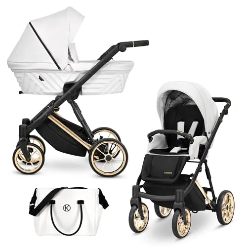 Kunert® IVENTO 2 in 1 Kinderwagen Kombikinderwagen komplettset I incl. Babywanne & Buggy Sportsitz mit Wickeltasche/Regenschutz +Fußsack I IVE 08 WHITE PEARL/GOLD FRAME
