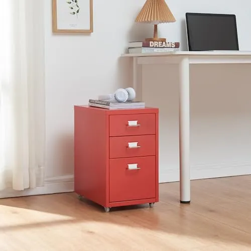 [en.casa] Rollcontainer Rot aus Metall, 3 Schubladen - Büroschränke mit 3 Schubladen und Etikettenhaltern für optimale Organisation. Flexibel durch 4 Rollen, ideal für Büro oder Homeoffice.