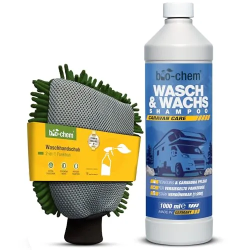 bio-chem Caravan Wasch&Wachs Shampoo 1L - pH-neutrales Autoshampoo mit Carnaubawachs - Autopflege mit strahlendem Glanz und langanhaltendem Schutz in einem Schritt! Das Konzentrat entfernt Schmutz und hinterlässt eine schützende Glanzschicht.