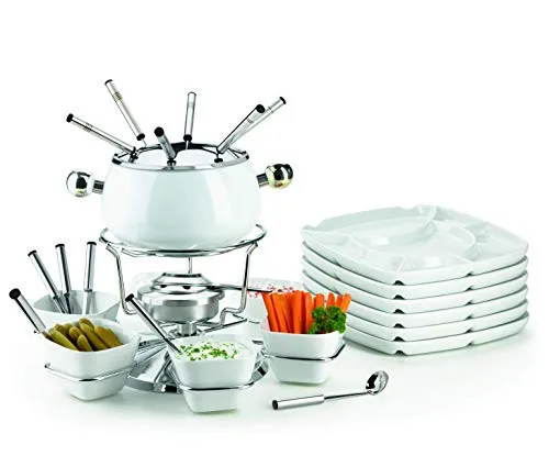 MÄSER Fonduetopf Set, 28-tlg aus Edelstahl - Fondueset mit 1,4 l Fassungsvermögen, ideal für gesellige Abende, inklusive Brenner, Spritzschutz und 18 Zubehörteilen für ein perfektes Fondue-Erlebnis.