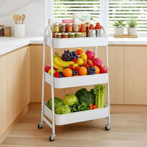 OrderlyGo Metall-Aufbewahrungswagen–3-stöckiger Rollwagen mit Rädern, Küchenwagen, Gemüsegestell, Utility-Rollwagen, mobiles Regal für Küche, Badezimmer, Büro Weiß