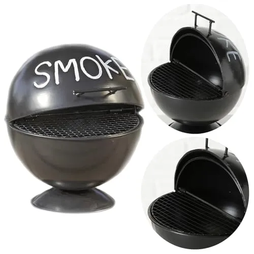 LS-LebenStil XL Sturmaschenbecher Smoke Schwarz Weiß Kugelgrill 15x14cm mit Deckel Klappdeckel Aschenbecher Windaschenbecher Ashtray Tischaschenbecher lustig Garten Balkon draußen Outdoor