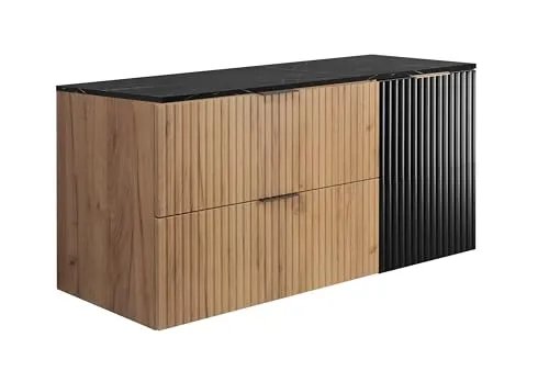 3E 3xE living.com Wandhängender Badezimmerschrank, Eiche Craft/Schwarze Marmor-Optikplatte (MDF), 120 x 57 x 46 cm
