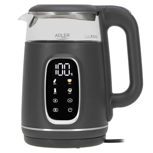 Adler AD1305 Wasserkocher 1.7L 2200W - Grau - Wasserkocher für Tee- und Kaffeeliebhaber mit 5 Temperaturstufen, LED-Display und 2-Stunden-Warmhaltefunktion. Ideal für die Zubereitung von Säuglingsnahrung!