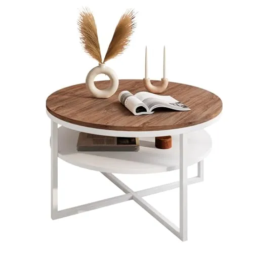 Lukmebel Couchtisch rund - CIRI-X - Moderner Beistelltisch - Beistelltisch fürs Wohnzimmer mit praktischem Regal, ideal für Blumen, Laptops oder Getränke. Durchmesser 70 cm, pflegeleichte Tischplatte und robustes Stahlgestell.