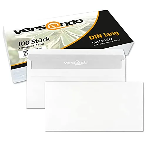 versando 100x Briefumschläge ohne Fenster DIN lang 220x110mm weiß: selbstklebende Kuverts für Rechnungen, Geschäftsbriefe, Büro, einfach verschließbar mit Sichtschutz